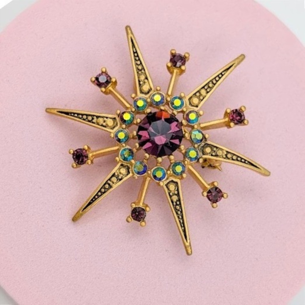 Vintage Gold Tone Purple AB Rhinestone Starburst Brooch Pin Iridescent